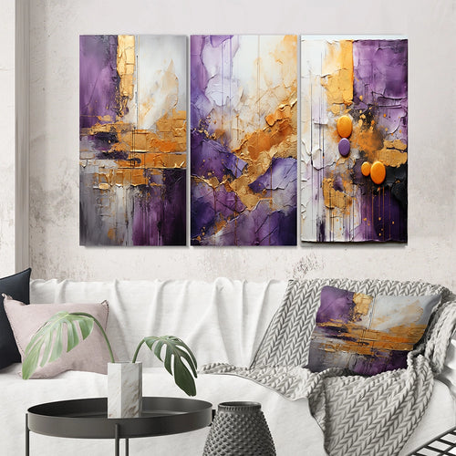 Fractals Multi Panel Canvas Wall Art - Gold Purple Abstract Fractal III