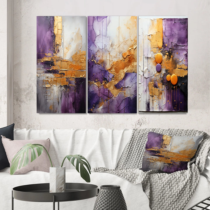Fractals Multi Panel Canvas Wall Art - Gold Purple Abstract Fractal III