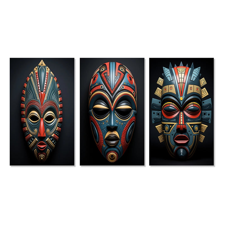Traditional Wall Art Set - African Tribal Pende Mask - 3 Pieces