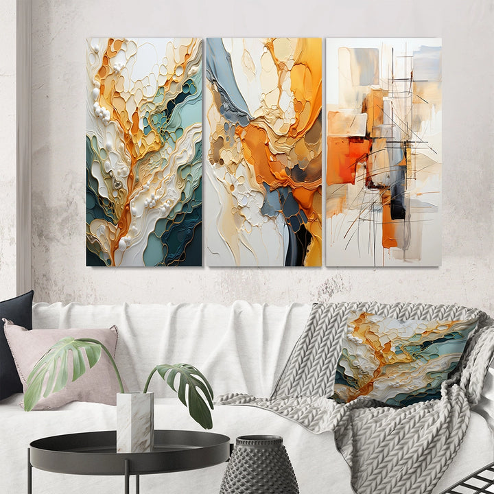 Abstract Canvas Wall Art - Orange White Line Art Organic Abstraction - 3 Pieces