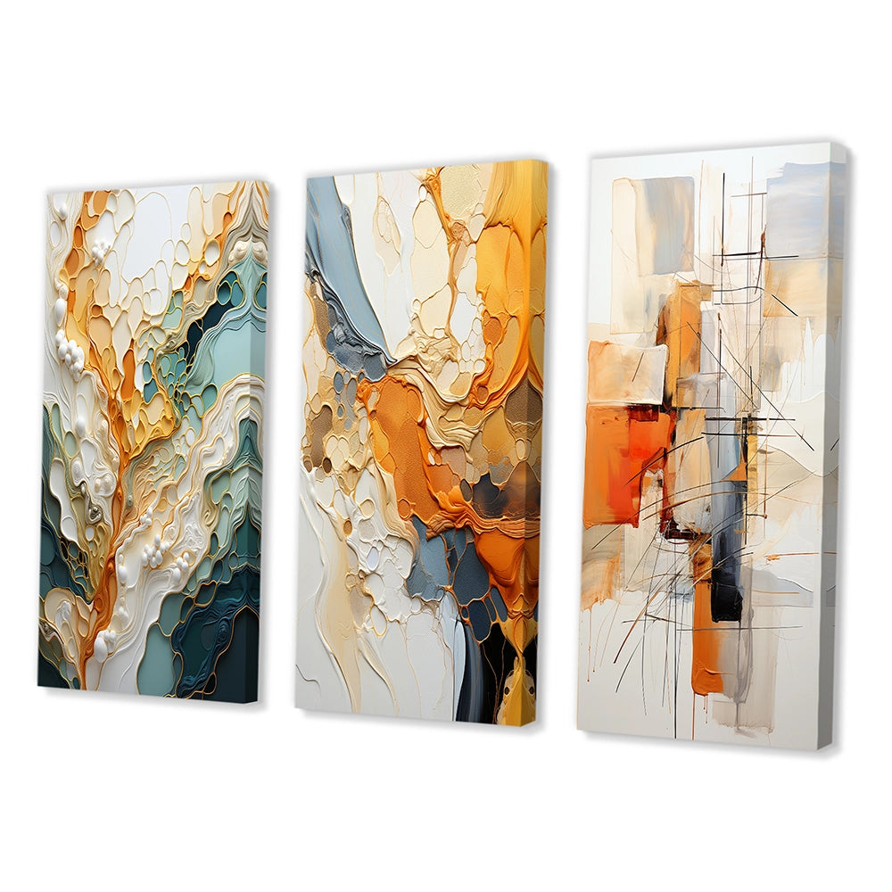 Abstract Canvas Wall Art - Orange White Line Art Organic Abstraction - 3 Pieces