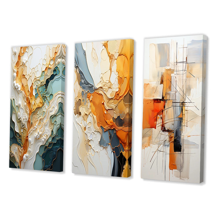 Abstract Canvas Wall Art - Orange White Line Art Organic Abstraction - 3 Pieces