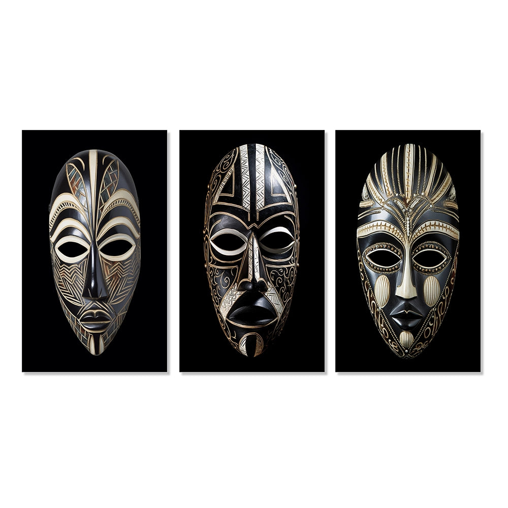 African Tribal Canvas Wall Art Set of 3- Ethnical Traditional African Mask XI