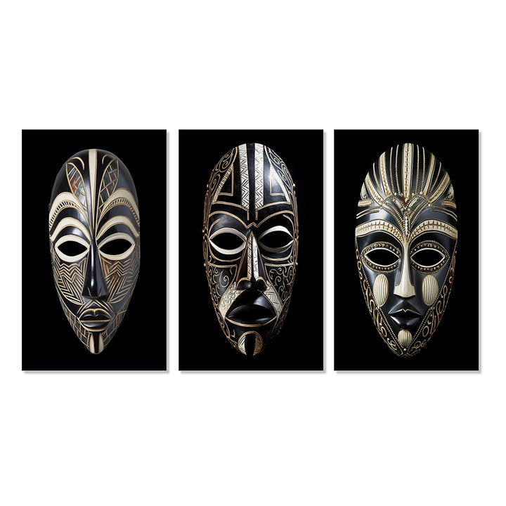 African Tribal Canvas Wall Art Set of 3- Ethnical Traditional African Mask XI