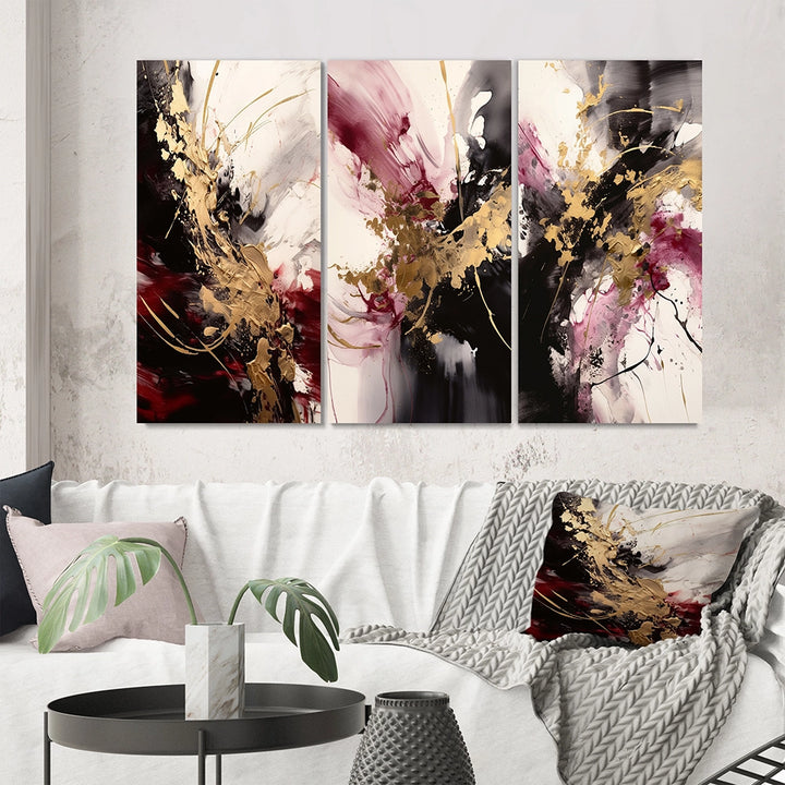 Abstract Multi Panel Canvas Wall Art - Gold And Red Fluid Fusion I
