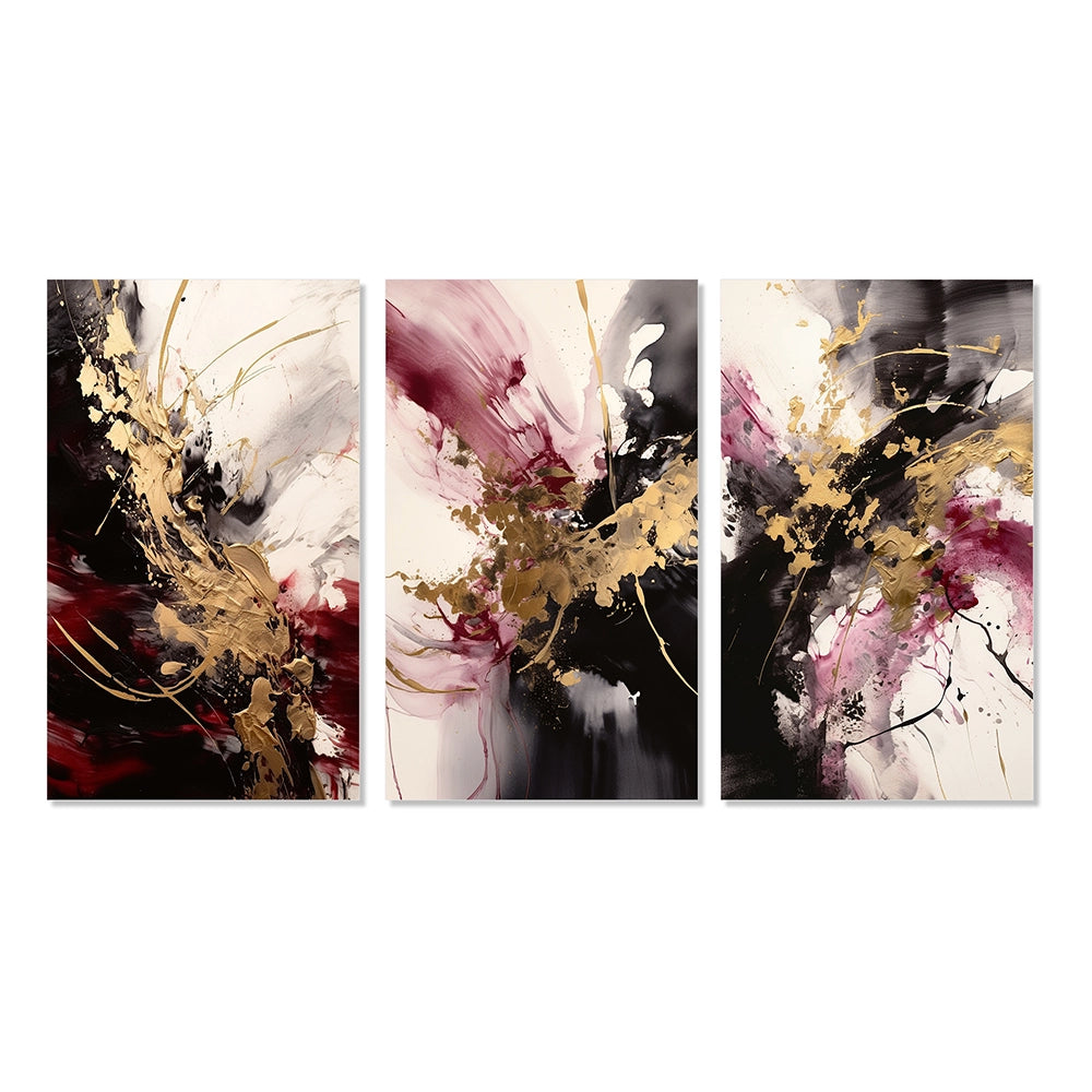 Abstract Multi Panel Canvas Wall Art - Gold And Red Fluid Fusion I