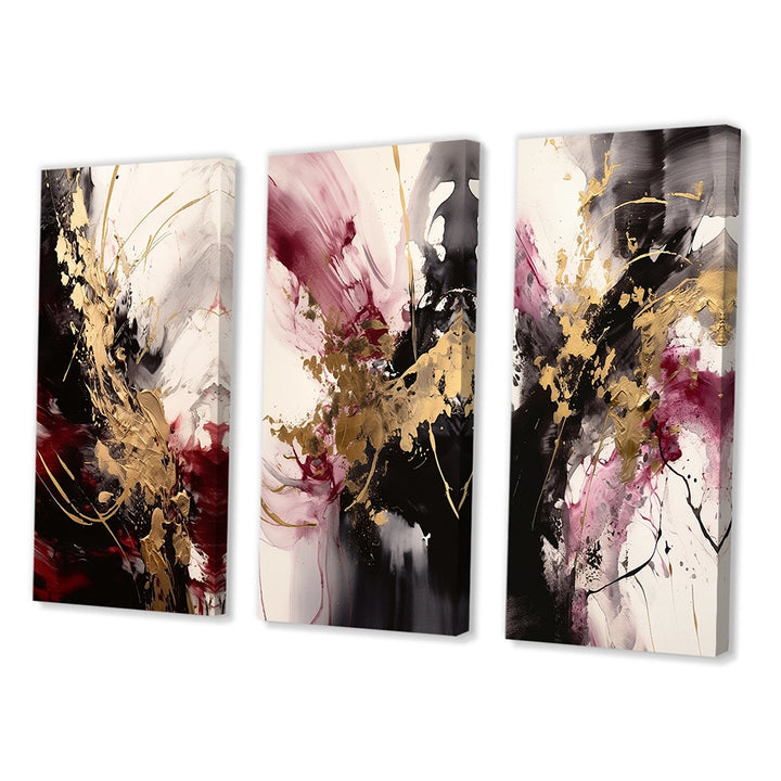 Abstract Multi Panel Canvas Wall Art - Gold And Red Fluid Fusion I