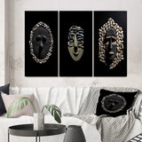 Traditional Canvas Wall Art Set - Black and White African Tribal Mask - 3 Pieces