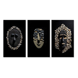 Traditional Canvas Wall Art Set - Black and White African Tribal Mask - 3 Pieces