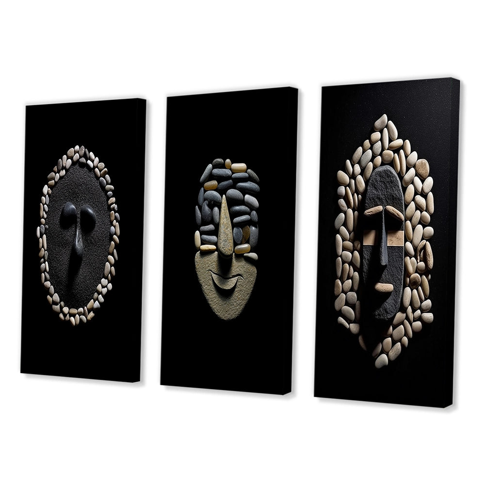 Traditional Canvas Wall Art Set - Black and White African Tribal Mask - 3 Pieces