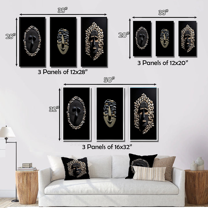 Traditional Canvas Wall Art Set - Black and White African Tribal Mask - 3 Pieces