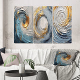 Abstract Spirals Canvas Wall Art - Gold Blue Vibrant Spirals - 3 Pieces