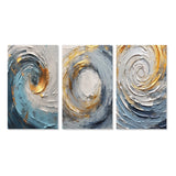 Abstract Spirals Canvas Wall Art - Gold Blue Vibrant Spirals - 3 Pieces