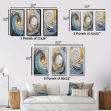 Abstract Spirals Canvas Wall Art - Gold Blue Vibrant Spirals - 3 Pieces