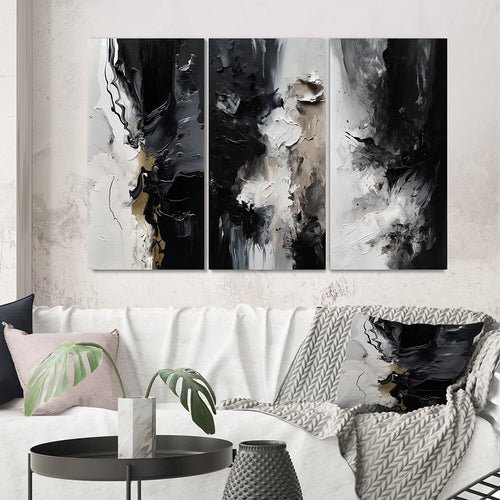Modern Canvas Wall Art Set of 3 - Black Textured Splash Paint Art