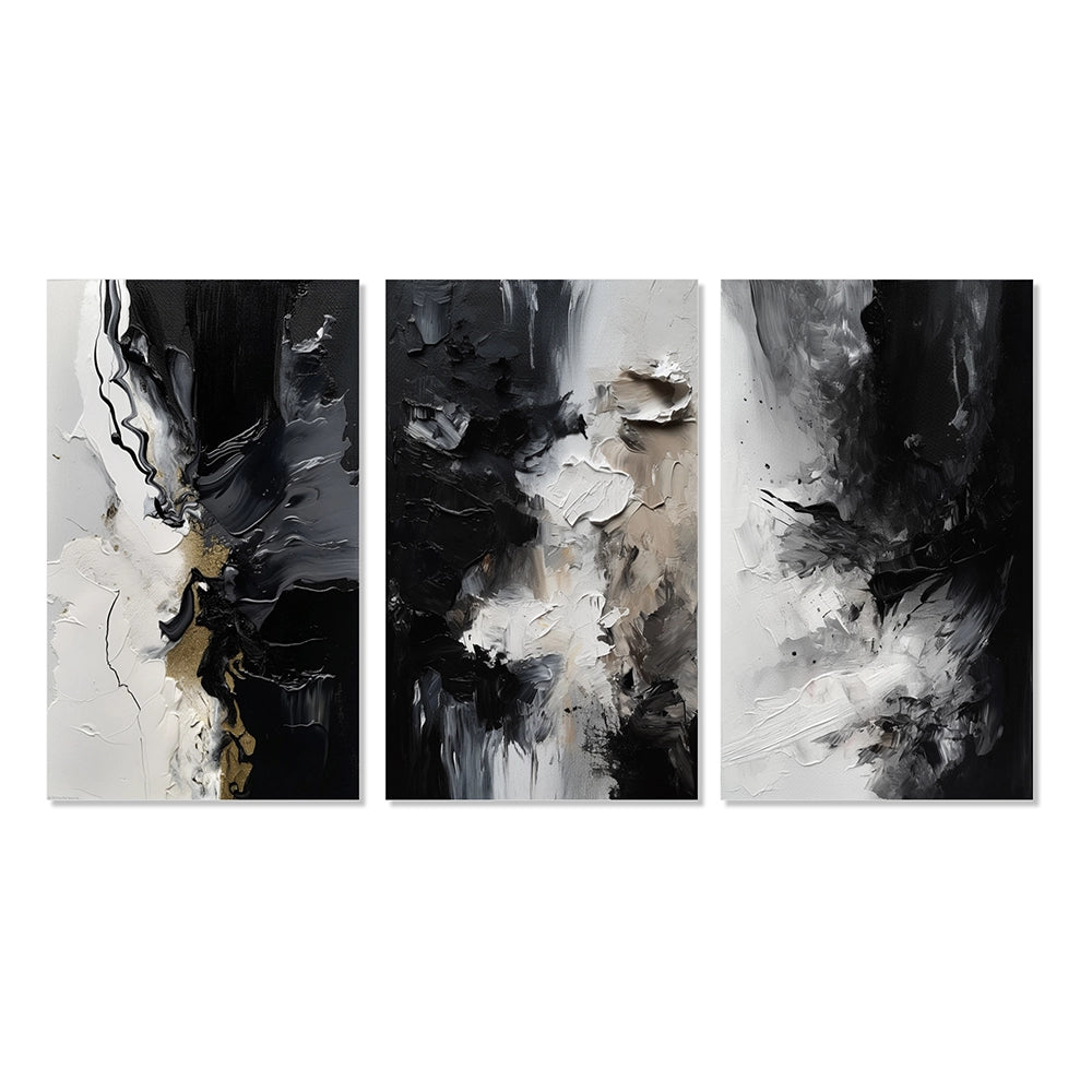 Modern Canvas Wall Art Set of 3 - Black Textured Splash Paint Art