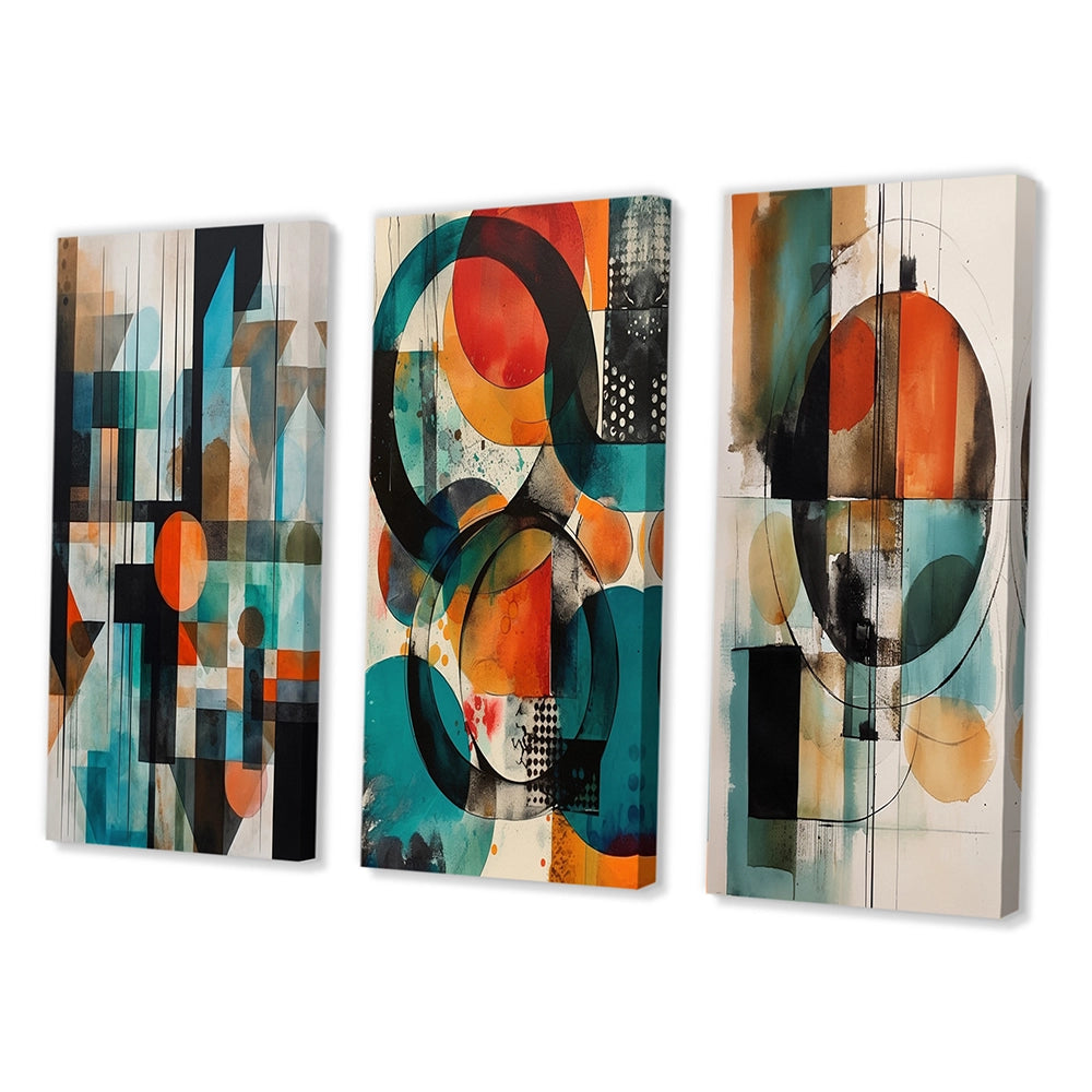 Modern Geometric Multi Panel Canvas Wall Art - Orange Abstracted Geometric Explorations