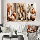 Boho Pottery Canvas Wall Art - Brown And Cream Earthen Elegant Vase - 3 Pieces