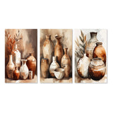 Boho Pottery Canvas Wall Art - Brown And Cream Earthen Elegant Vase - 3 Pieces