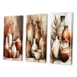 Boho Pottery Canvas Wall Art - Brown And Cream Earthen Elegant Vase - 3 Pieces
