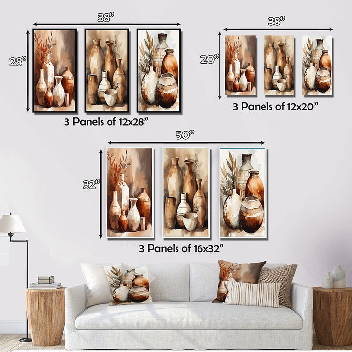 Boho Pottery Canvas Wall Art - Brown And Cream Earthen Elegant Vase - 3 Pieces