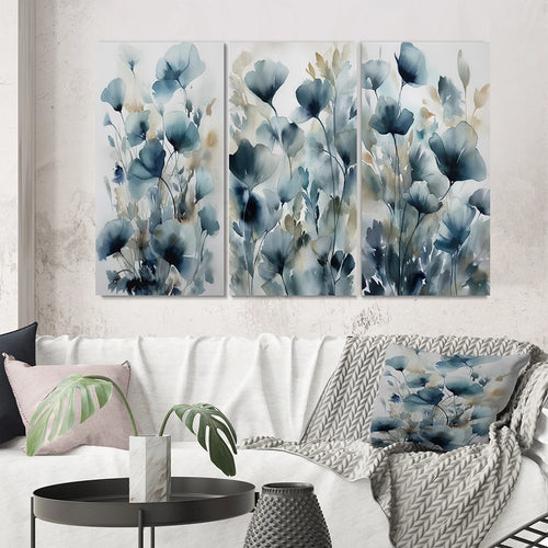 Traditional Wall Art Canvas Set - Blue Leaf Foliage And Flowers III - 3 Pieces