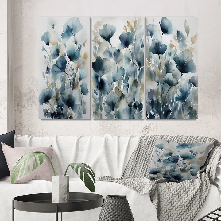 Traditional Wall Art Canvas Set - Blue Leaf Foliage And Flowers III - 3 Pieces
