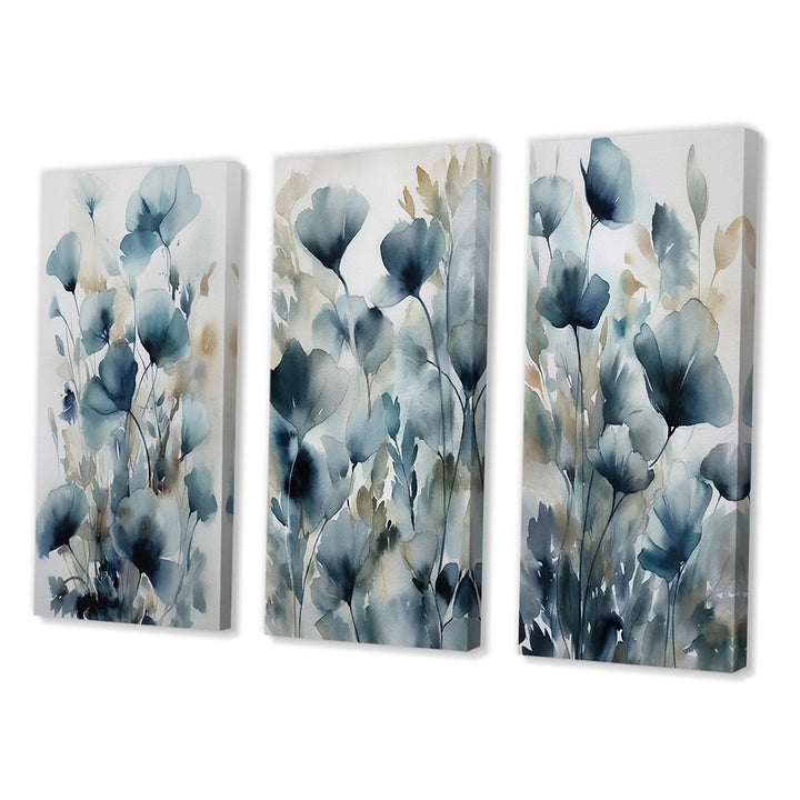 Traditional Wall Art Canvas Set - Blue Leaf Foliage And Flowers III - 3 Pieces