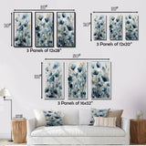 Traditional Wall Art Canvas Set - Blue Leaf Foliage And Flowers III - 3 Pieces