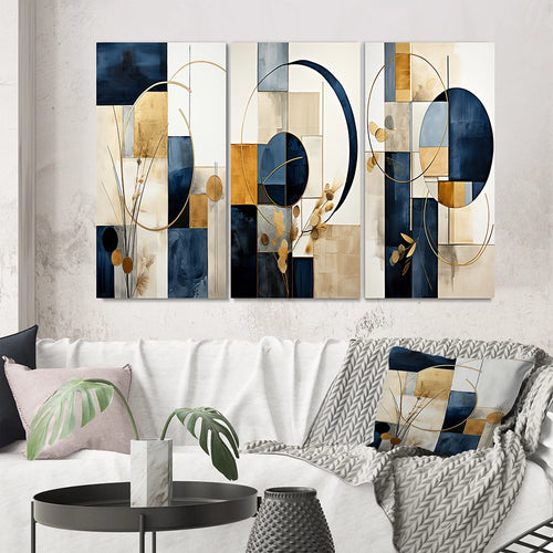 Modern Canvas Wall Art Set of 3 - Organic Simplicity Minimal Geometry Navy Blue