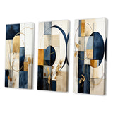Modern Canvas Wall Art Set of 3 - Organic Simplicity Minimal Geometry Navy Blue