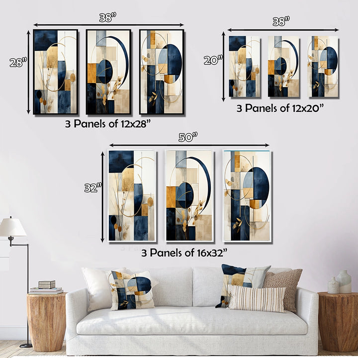 Modern Canvas Wall Art Set of 3 - Organic Simplicity Minimal Geometry Navy Blue