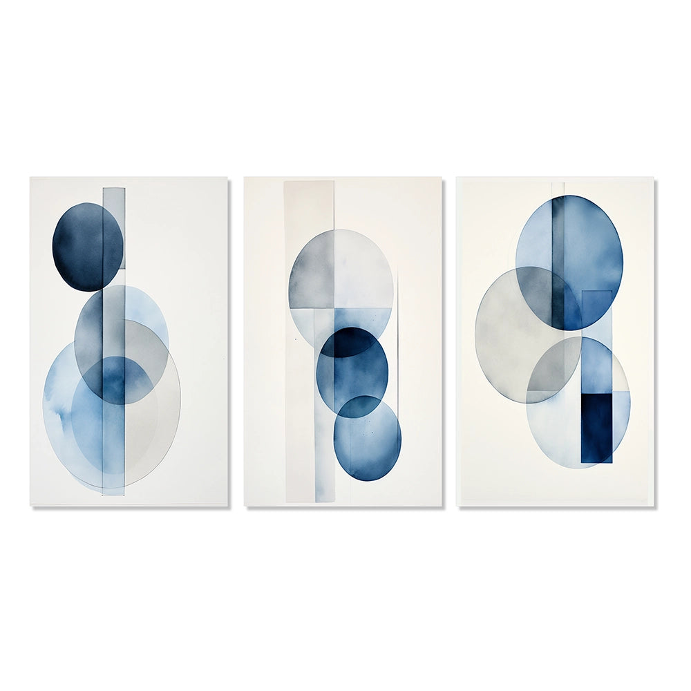 Modern Geometric Canvas Wall Art Set of 3- Orbicular Unity Minimal in Retro Blue II