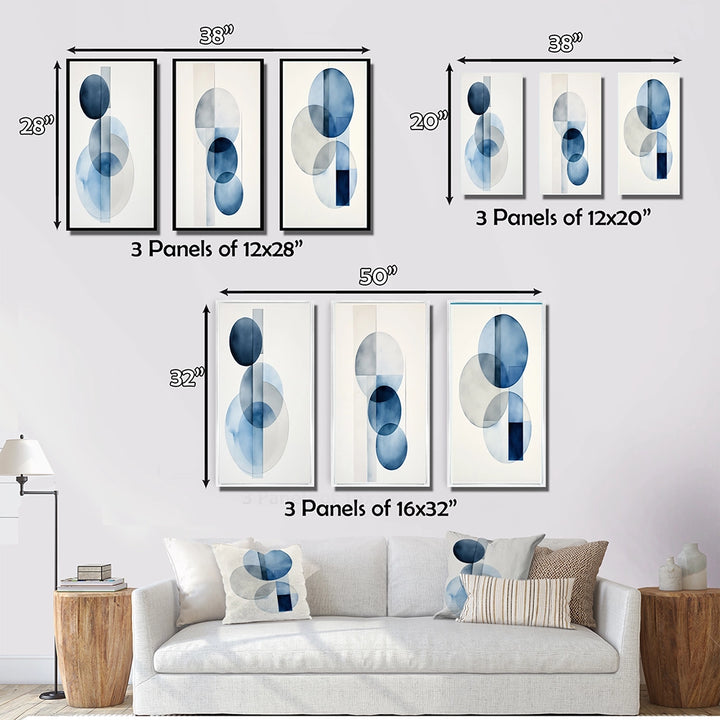 Modern Geometric Canvas Wall Art Set of 3- Orbicular Unity Minimal in Retro Blue II
