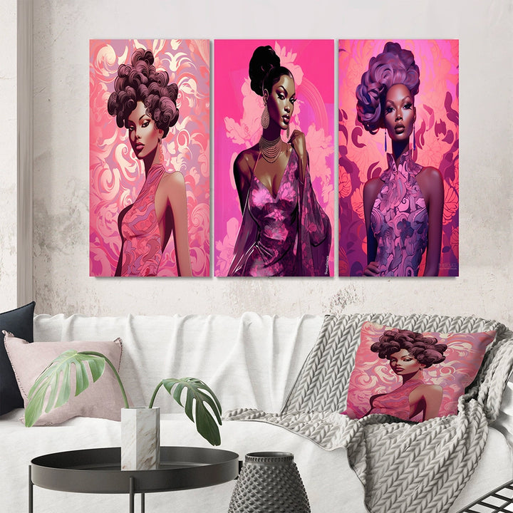 Glam Multi Panel Canvas Wall Art - Retro Fashion Glam Model in Pink Magenta III