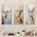 Modern Wall Art Set - Fluttering Floral Hummingbird - 3 Pieces