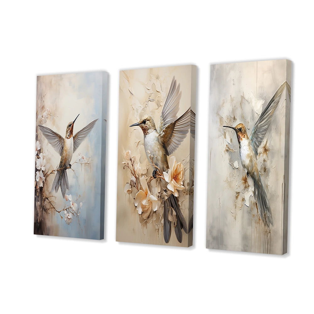 Modern Wall Art Set - Fluttering Floral Hummingbird - 3 Pieces