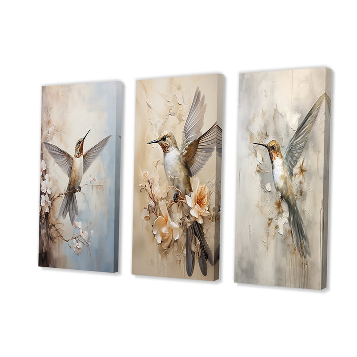 Modern Wall Art Set - Fluttering Floral Hummingbird - 3 Pieces