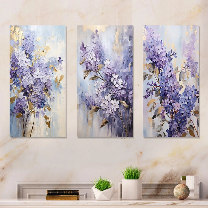 Traditional Metal Wall Art Set of 3 - Purple And Gold Pastel Lilac Dreams