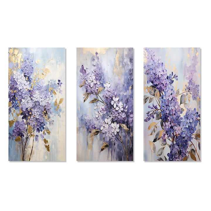Traditional Metal Wall Art Set of 3 - Purple And Gold Pastel Lilac Dreams