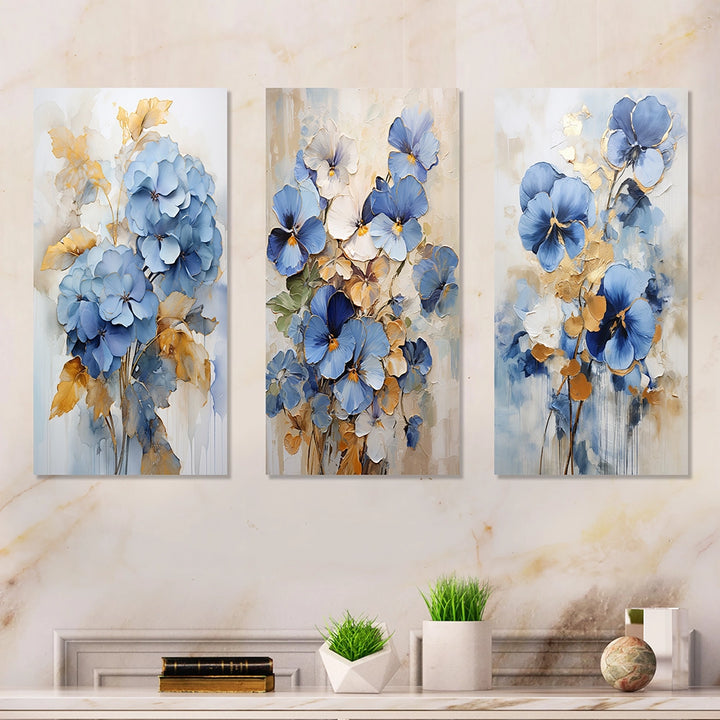 Pansies Metal Wall Art Set of 3- Blue And Gold Minimalism Pansy Radiance Bouquet