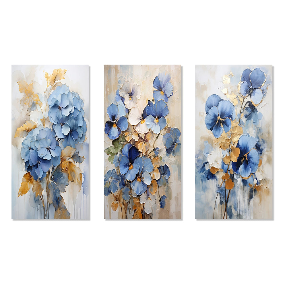 Pansies Metal Wall Art Set of 3- Blue And Gold Minimalism Pansy Radiance Bouquet
