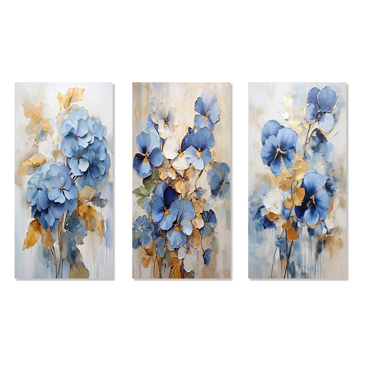Pansies Metal Wall Art Set of 3- Blue And Gold Minimalism Pansy Radiance Bouquet