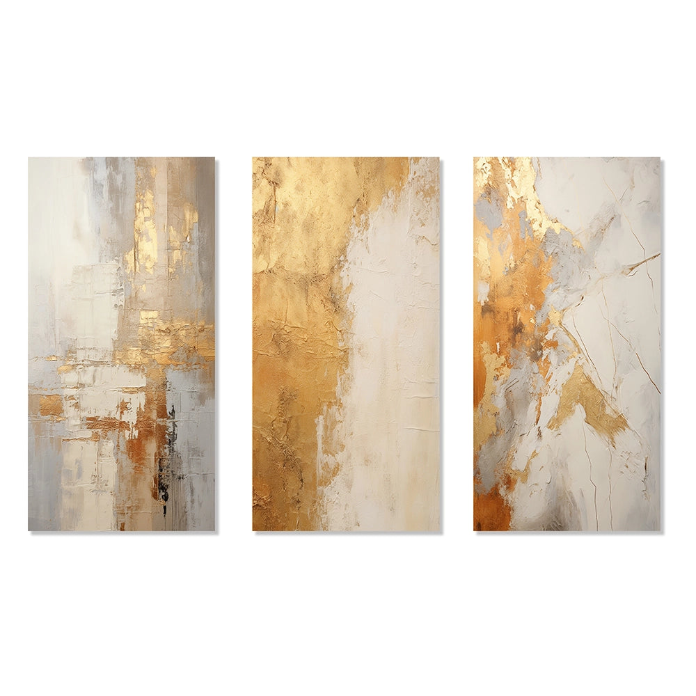Abstract Shapes Canvas Wall Art - Gold And White Abstract Split - 3 Pieces