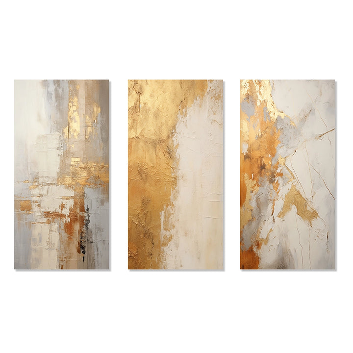 Abstract Shapes Canvas Wall Art - Gold And White Abstract Split - 3 Pieces
