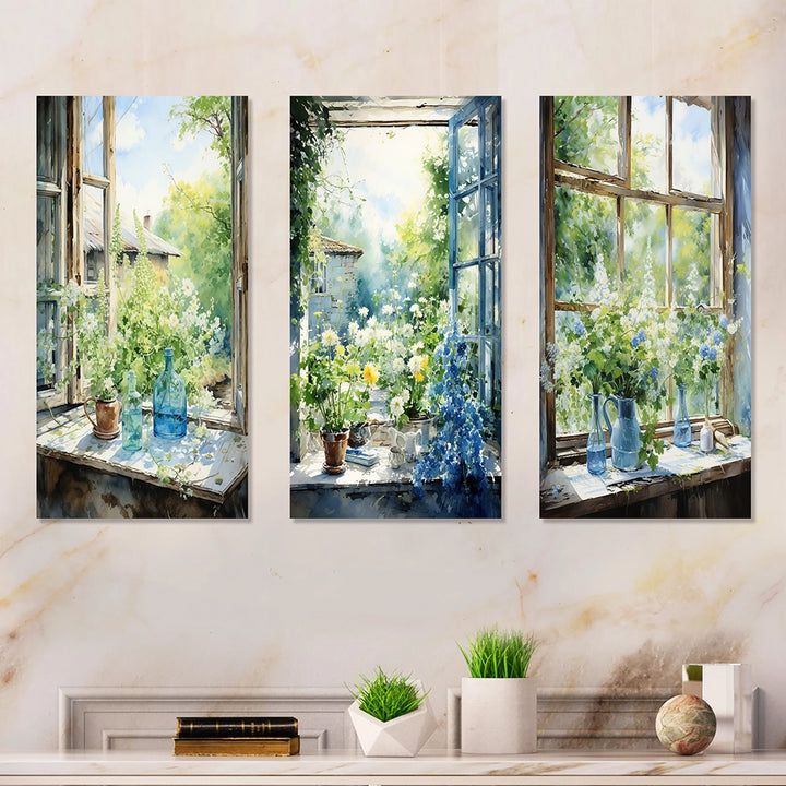 Traditional Metal Wall Art - Green And Blue Countryside Window Charm II - 3 Pieces
