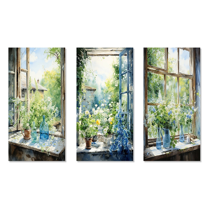 Traditional Metal Wall Art - Green And Blue Countryside Window Charm II - 3 Pieces