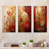 Modern Wall Art Canvas Set - God And Red Floral Japanese Tiles I - 3 Pieces