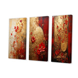 Modern Wall Art Canvas Set - God And Red Floral Japanese Tiles I - 3 Pieces