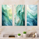 Modern Metal Wall Art Set - Gree And White Sway Wave Serenity I - 3 Pieces